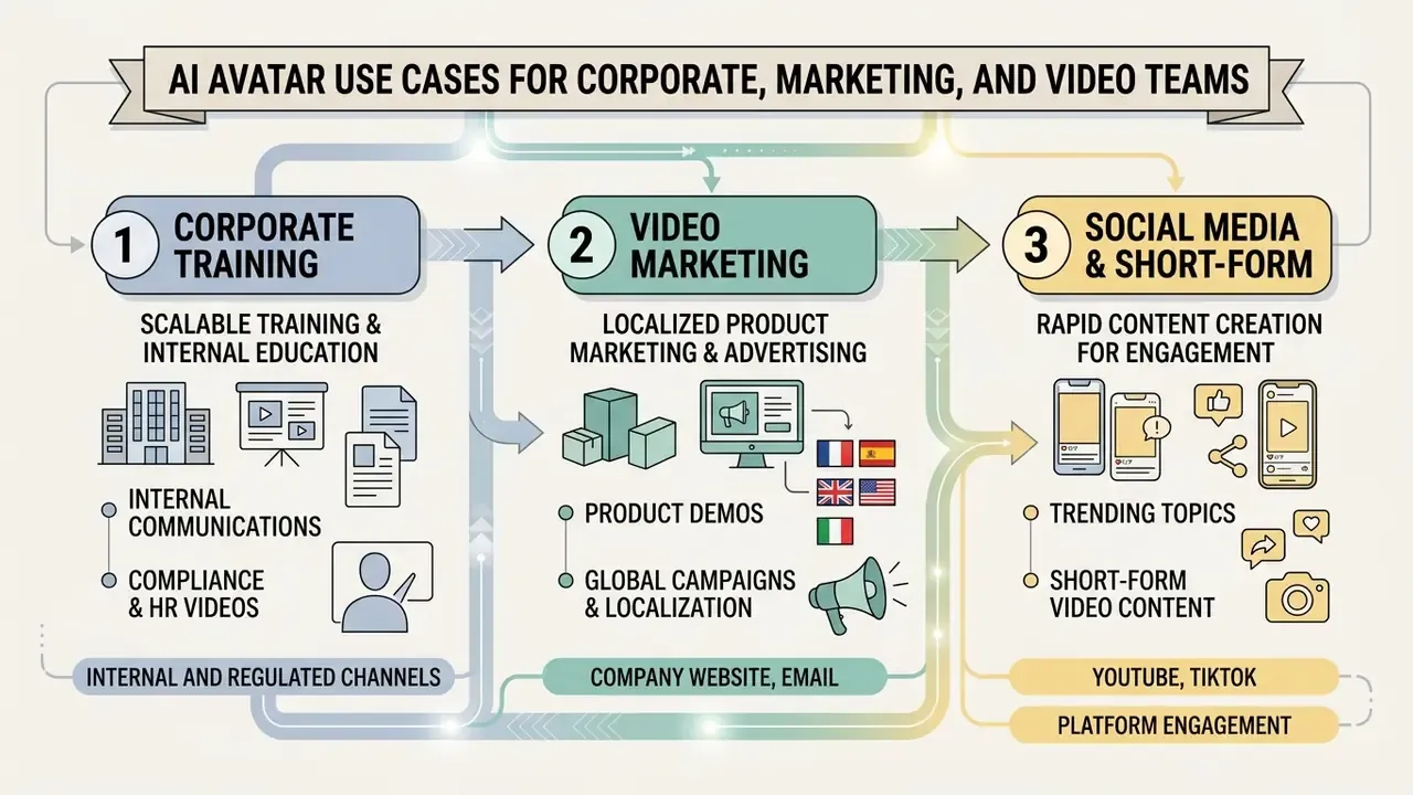 Three-part flowchart illustrating professional applications for digital avatars in training and marketing