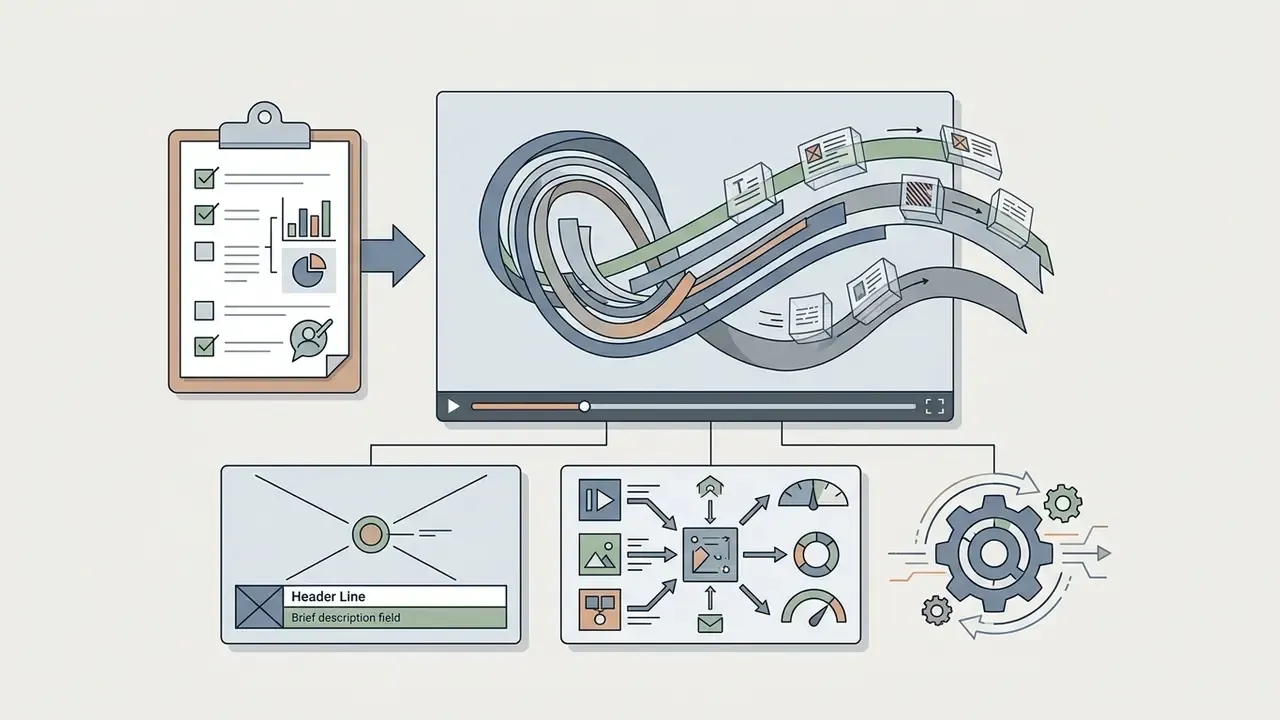 Flowchart showing motion design elements and video production assets organized into a structured workflow