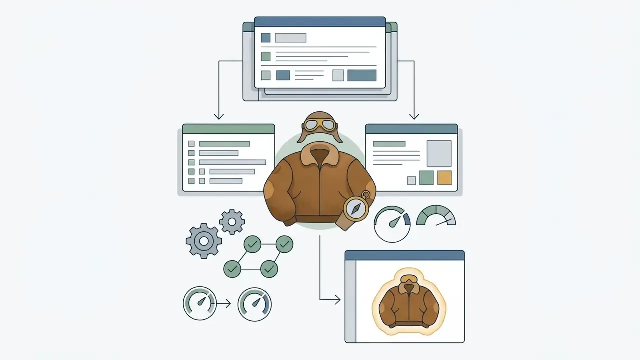 Central leather jacket and goggles icon surrounded by interface panels and process icons