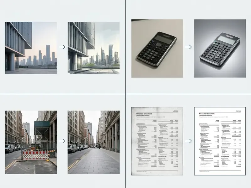 Four pairs of before and after images showing artistic rendering, studio lighting, object removal, and document cleanup