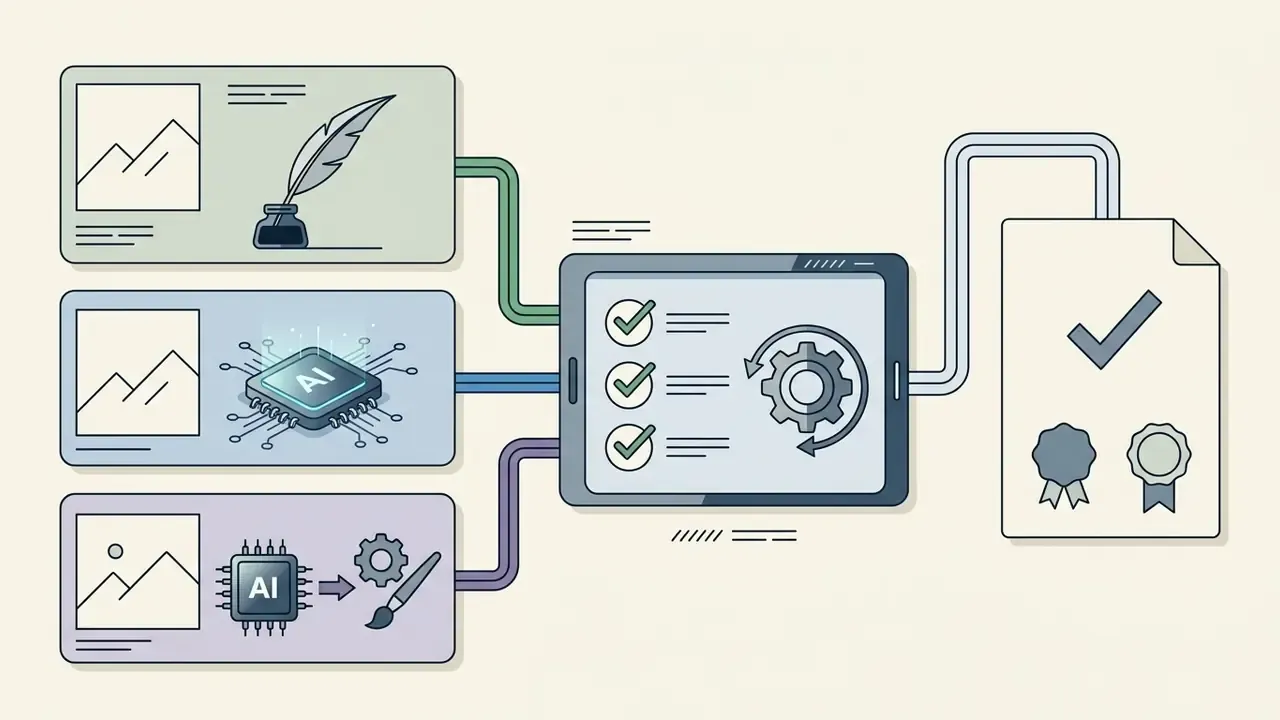 Three image sources feeding into a digital tablet for processing and final certification of content origin