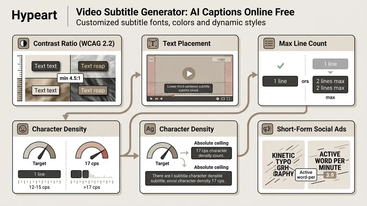 Diagram showing best practices for subtitle design including contrast, placement, density, and kinetic text