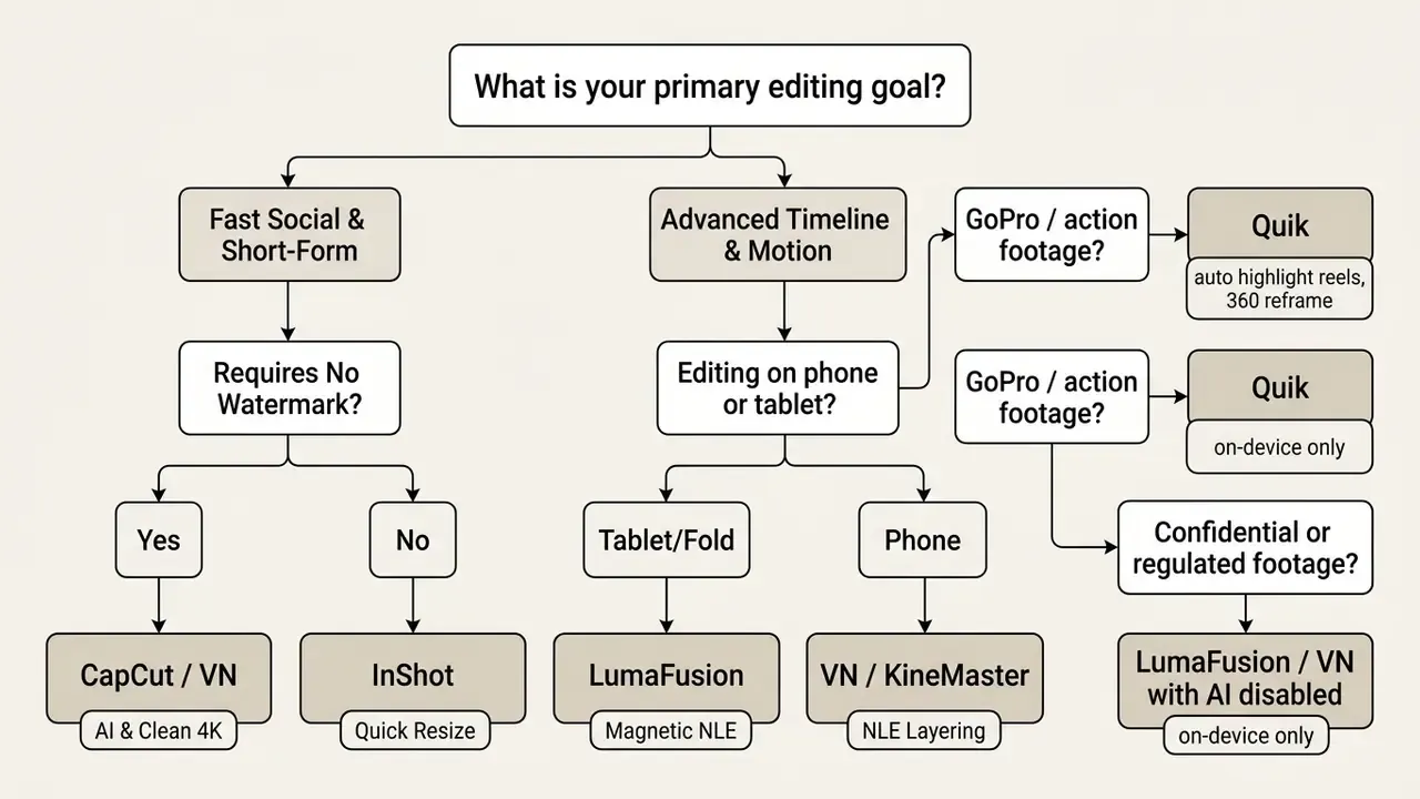 Decision tree diagram matching user editing goals and device types to recommended Android video editors
