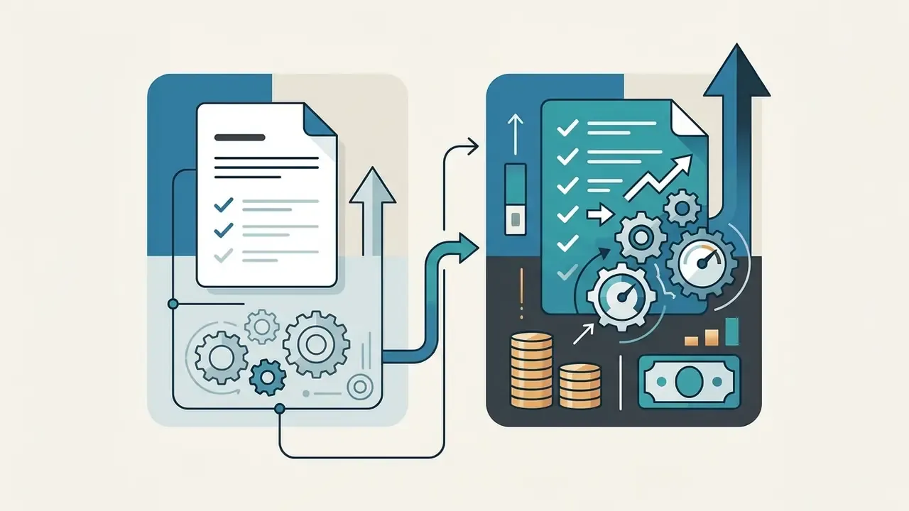 Two document icons connected by arrows with gears, coins, and performance gauges representing workflow costs