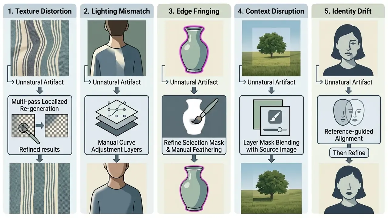 Five columns showing common image artifacts and the specific manual correction techniques to fix them