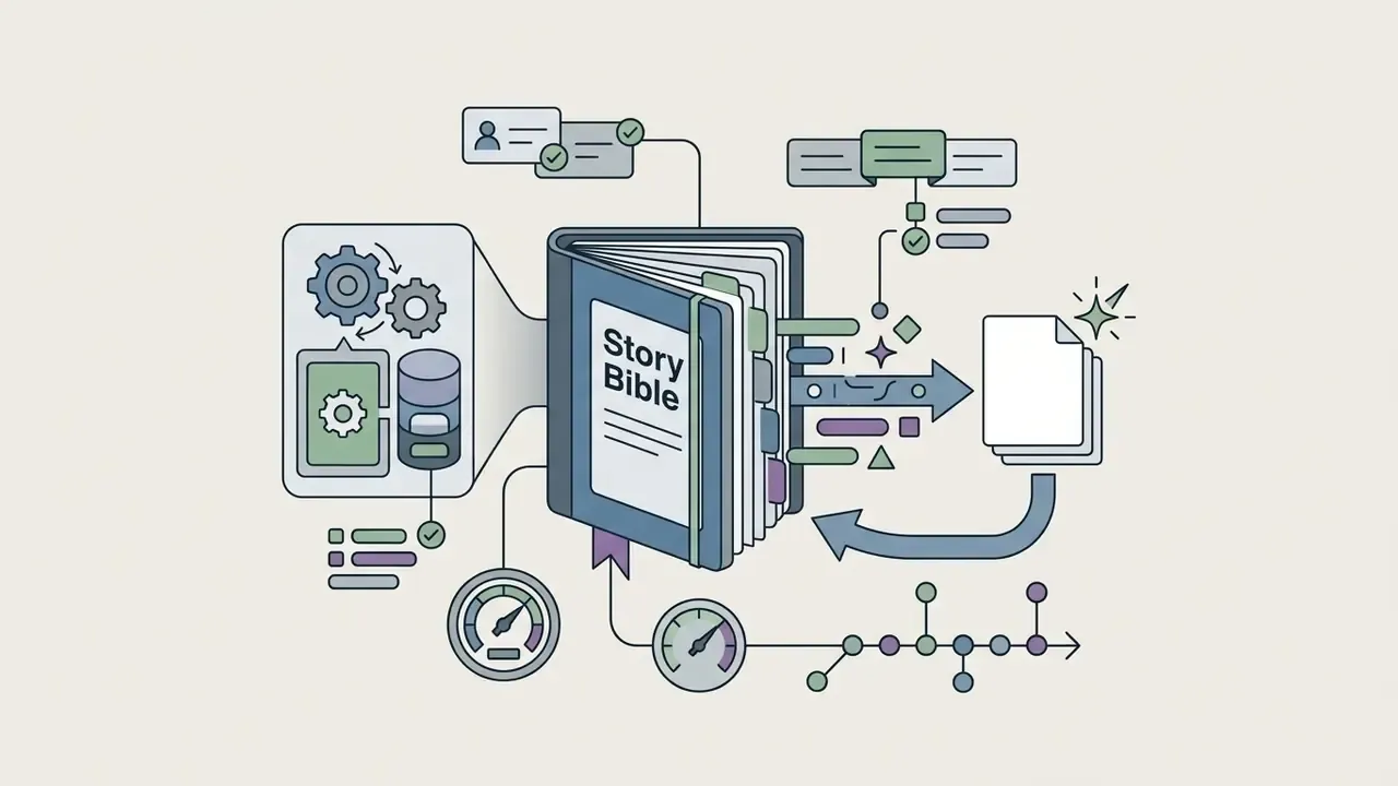 Central binder labeled Story Bible receiving processed inputs and feeding narrative elements into documents