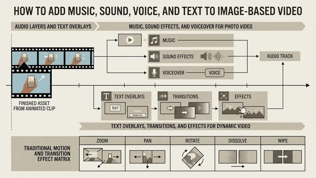 Diagram illustrating the integration of audio tracks, text overlays, and motion effects into animated clips