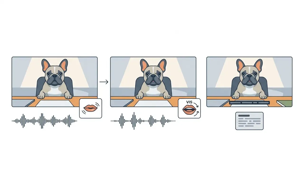 Three panels showing a French bulldog at a desk undergoing audio processing and caption generation