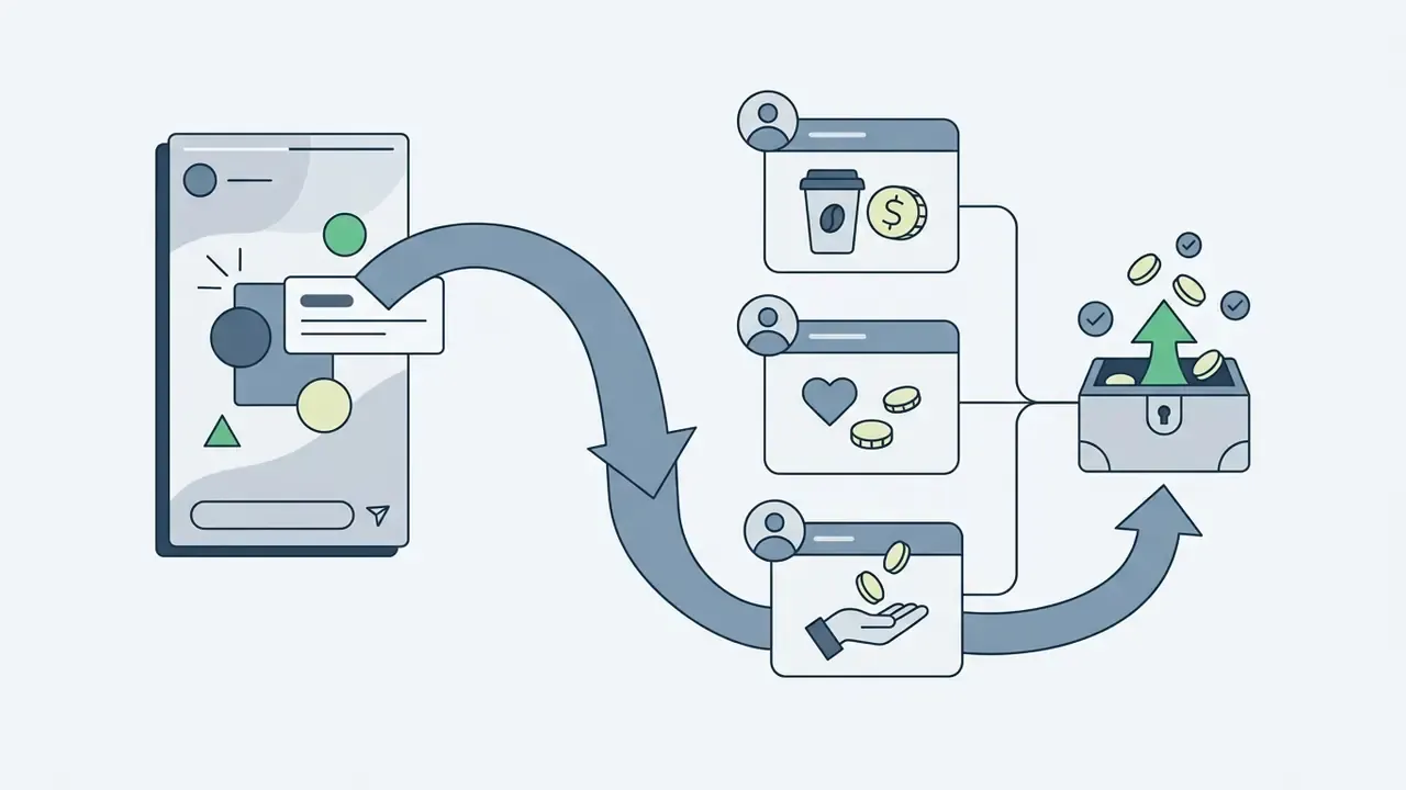 Smartphone interface directing users to external micro-donation platforms that pool funds into a chest