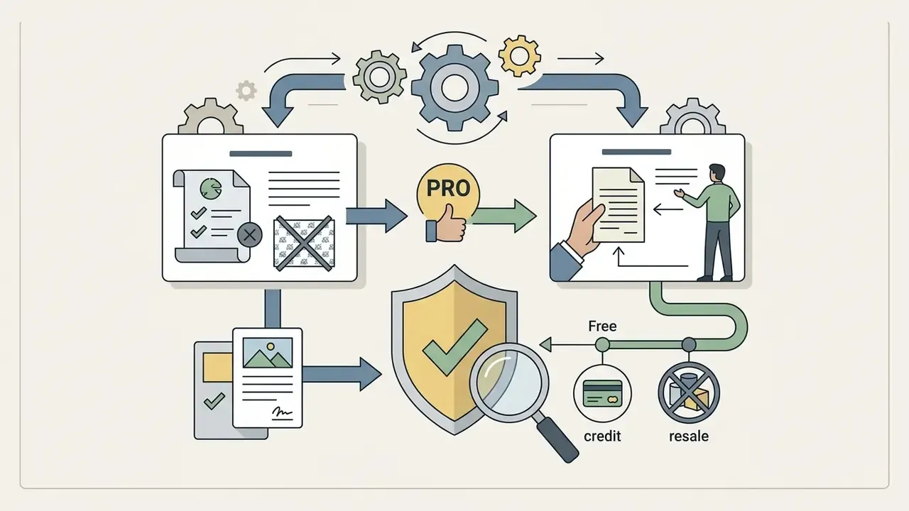 Gears and documents flowing toward a shield icon representing credit requirements and resale restrictions