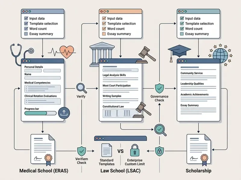 System map showing data inputs for medical, legal, and scholarship recommendation document generation