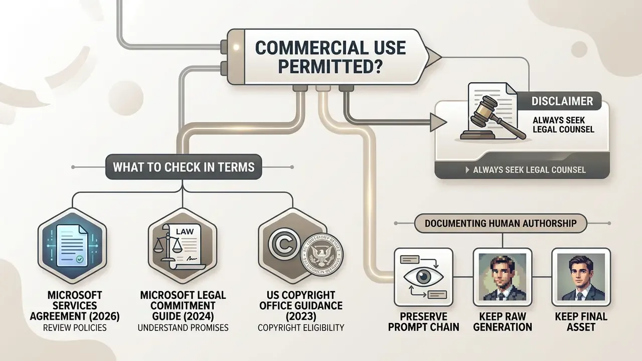 Summary of legal considerations for commercial use including terms, disclaimers, and human authorship steps