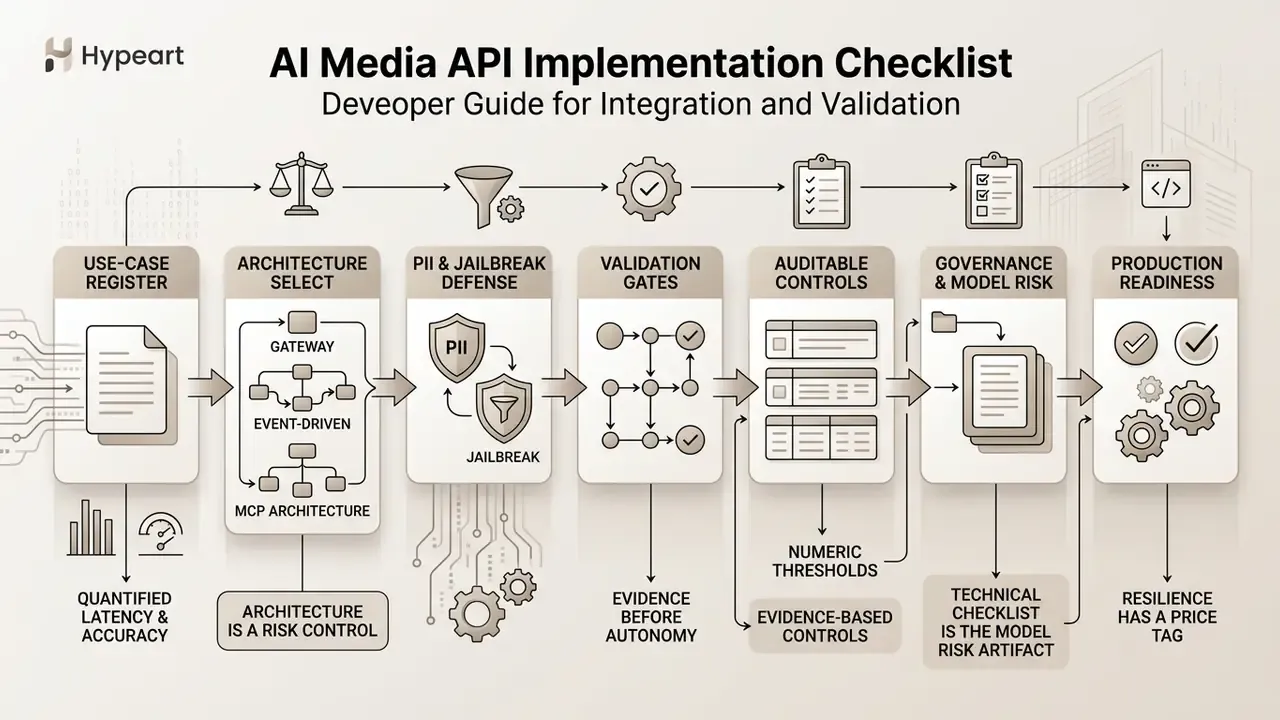 Flowchart outlining the AI Media API implementation process from use-case registration to production readiness
