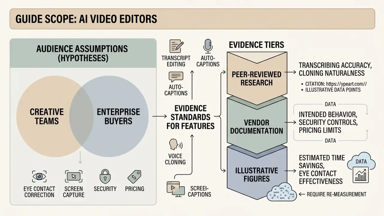 Infographic showing audience assumptions for an AI video editor alongside three tiers of evidence standards