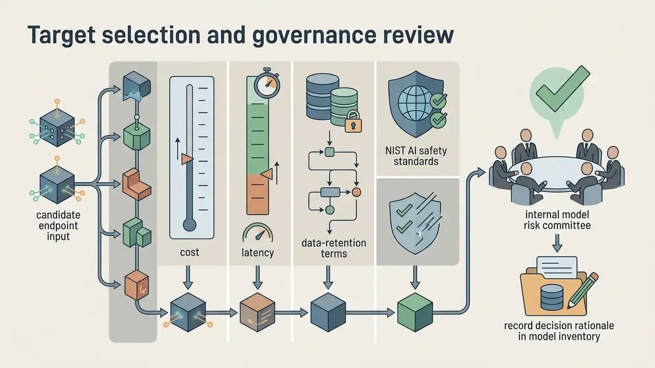 Workflow diagram showing evaluation metrics for candidate endpoints leading to a committee review