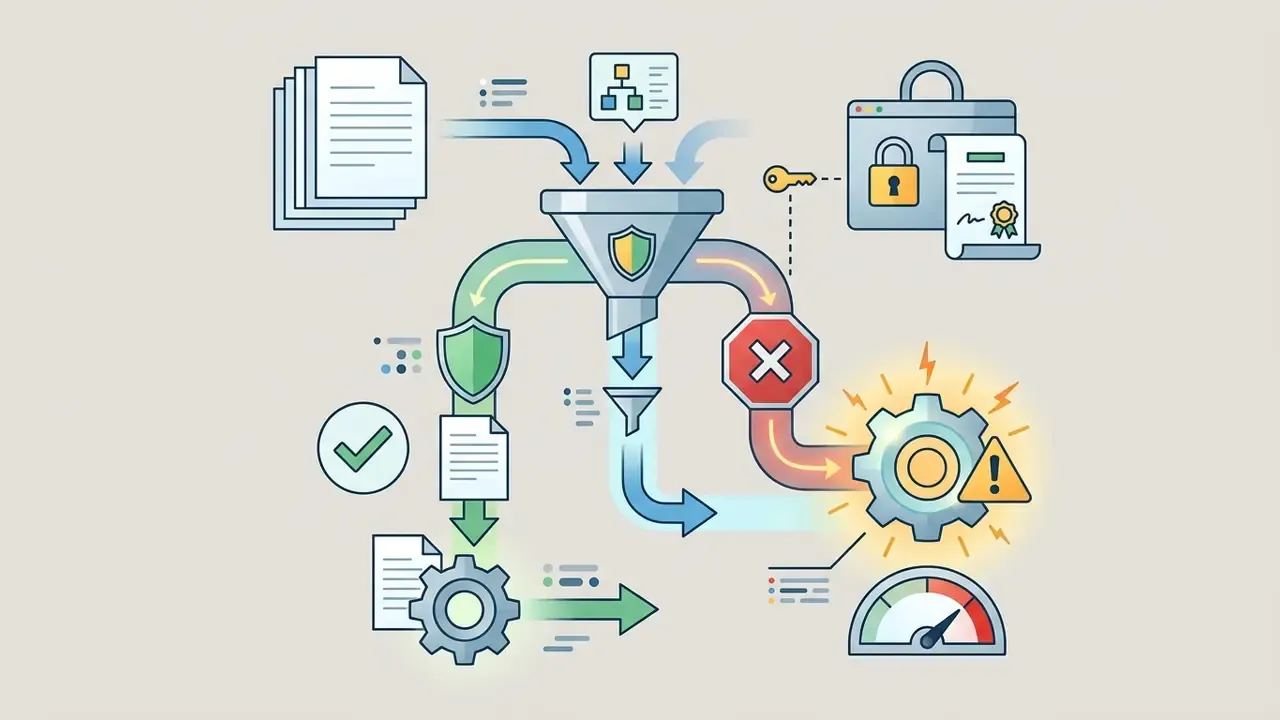 Documents flowing through a funnel into safe processing paths or restricted channels with warning signs