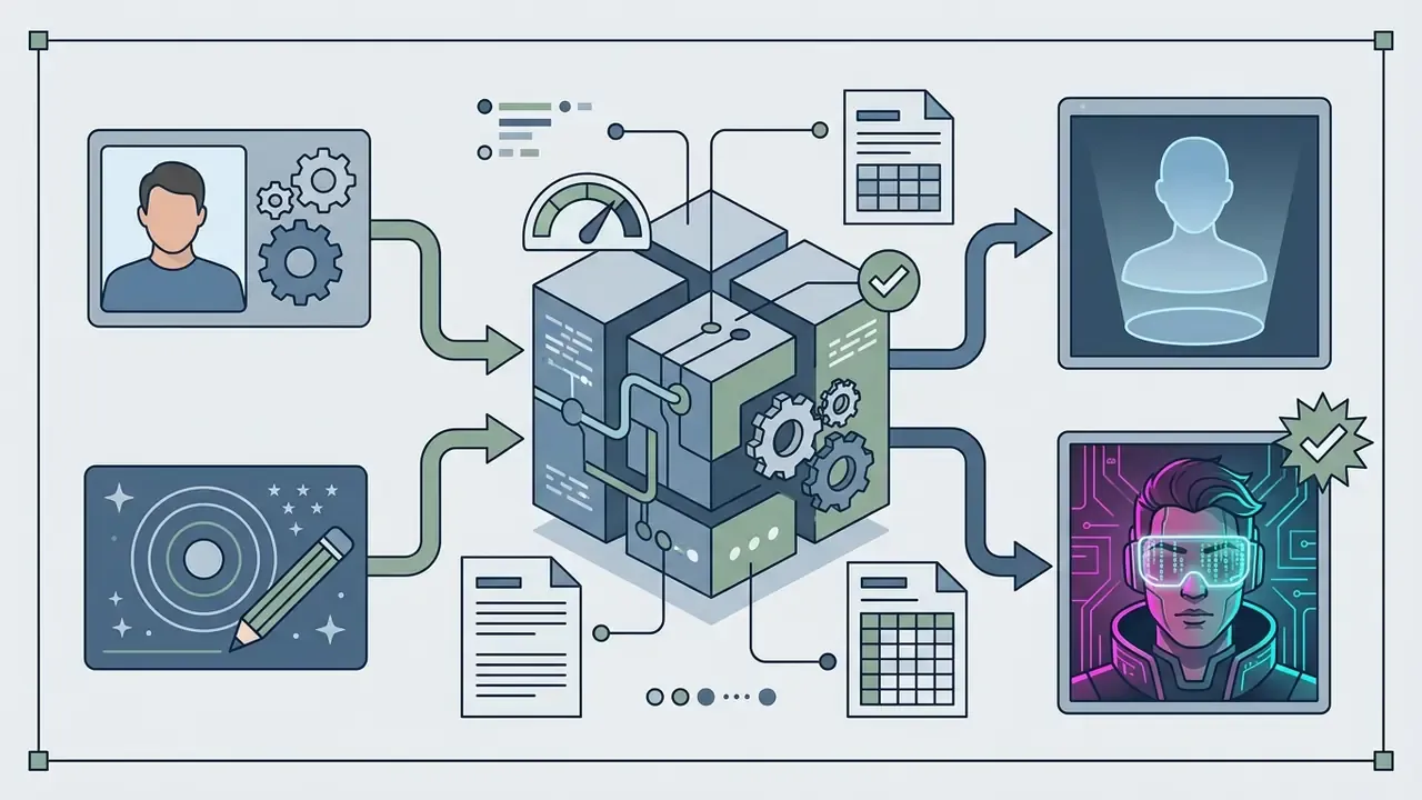 Portrait and drawing inputs feeding into a central processing cube that renders a futuristic avatar