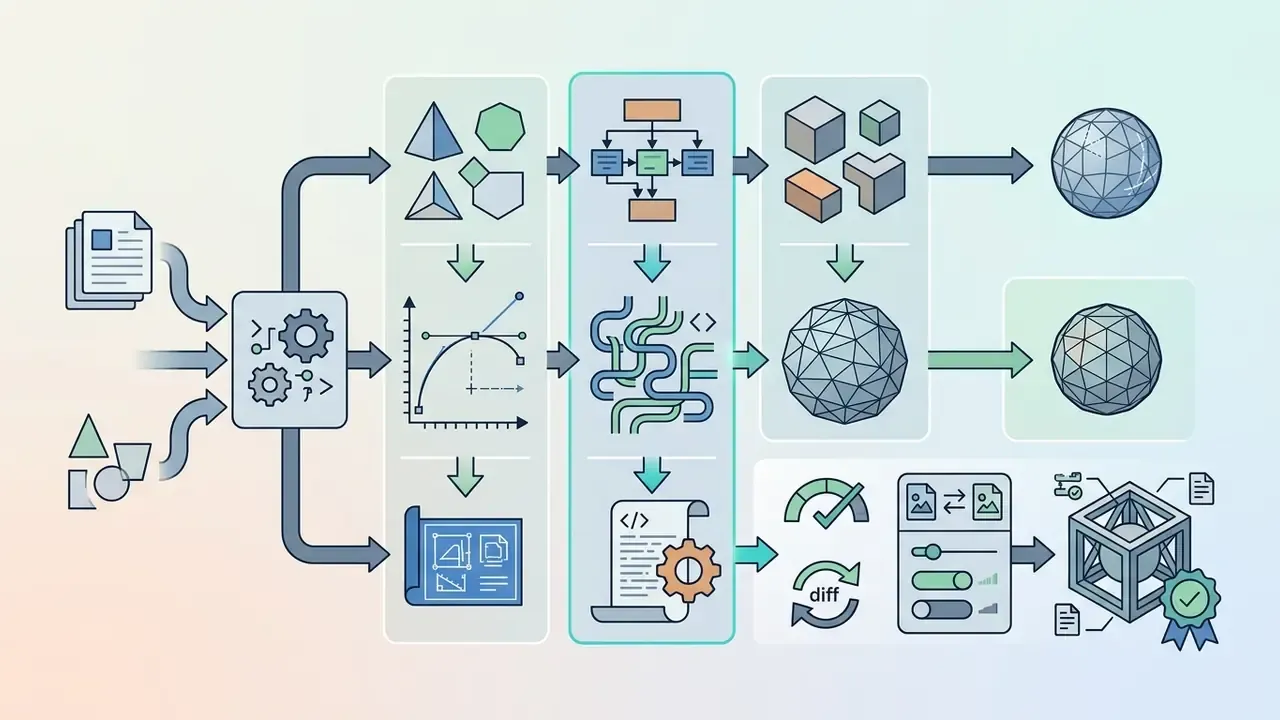 Process flow showing inputs being transformed into parametric code, vector graphics, and 3D mesh models