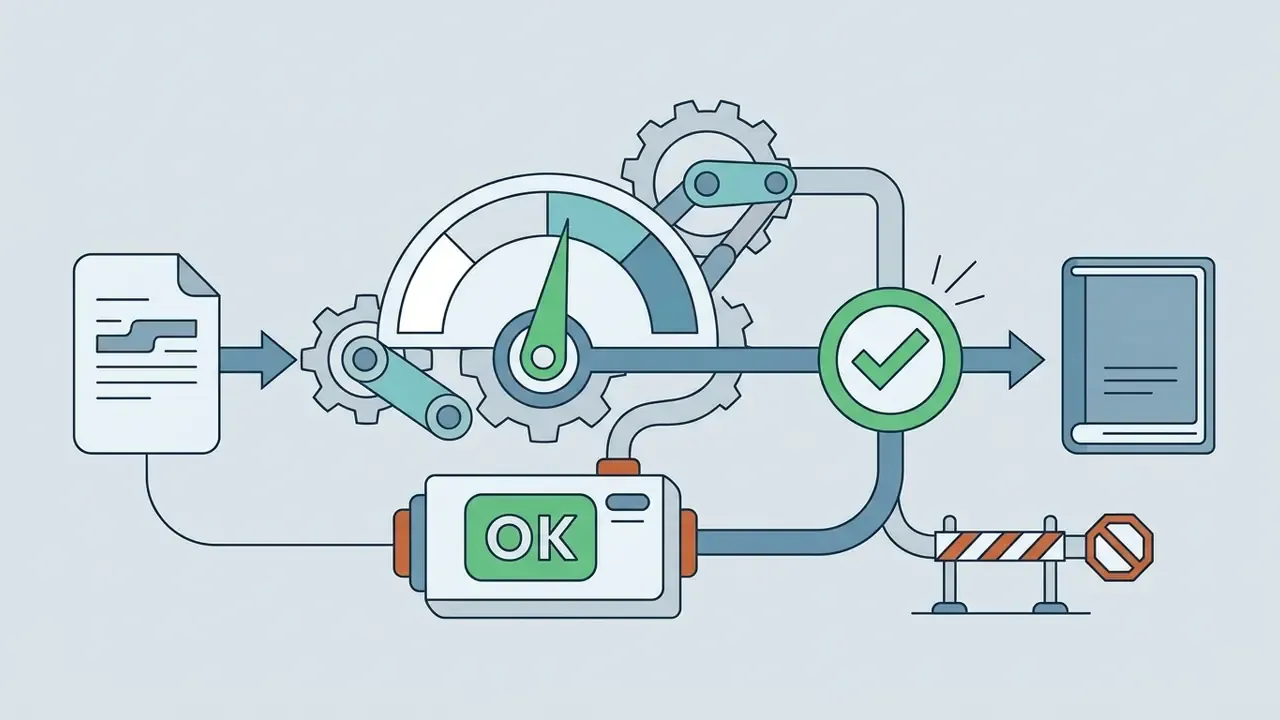 Document feeding into a gear system with a gauge and approval status leading to a final published book