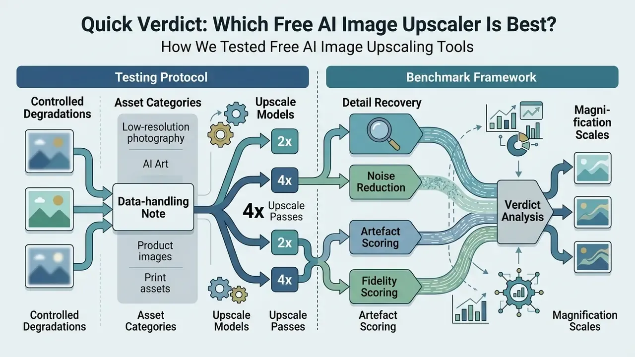 Flowchart detailing the testing protocol and benchmark framework for a free AI image upscaler