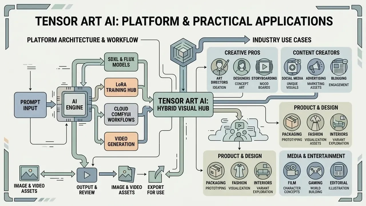 Diagram showing the Tensor Art AI workflow from text prompts to diverse professional industry applications