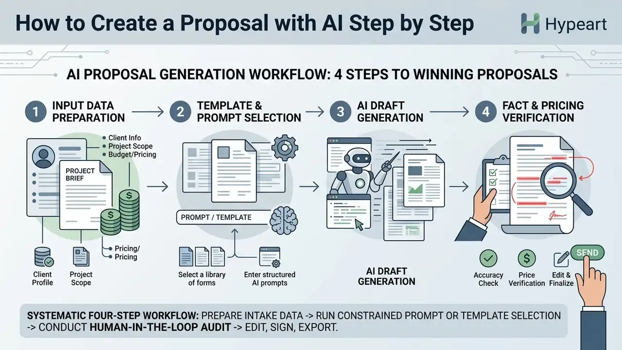 Linear infographic showing a four-step process for generating business documents using AI technology