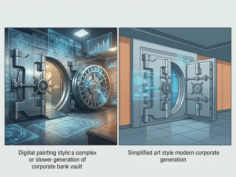 Side-by-side comparison of a detailed complex bank vault and a simplified digital art version