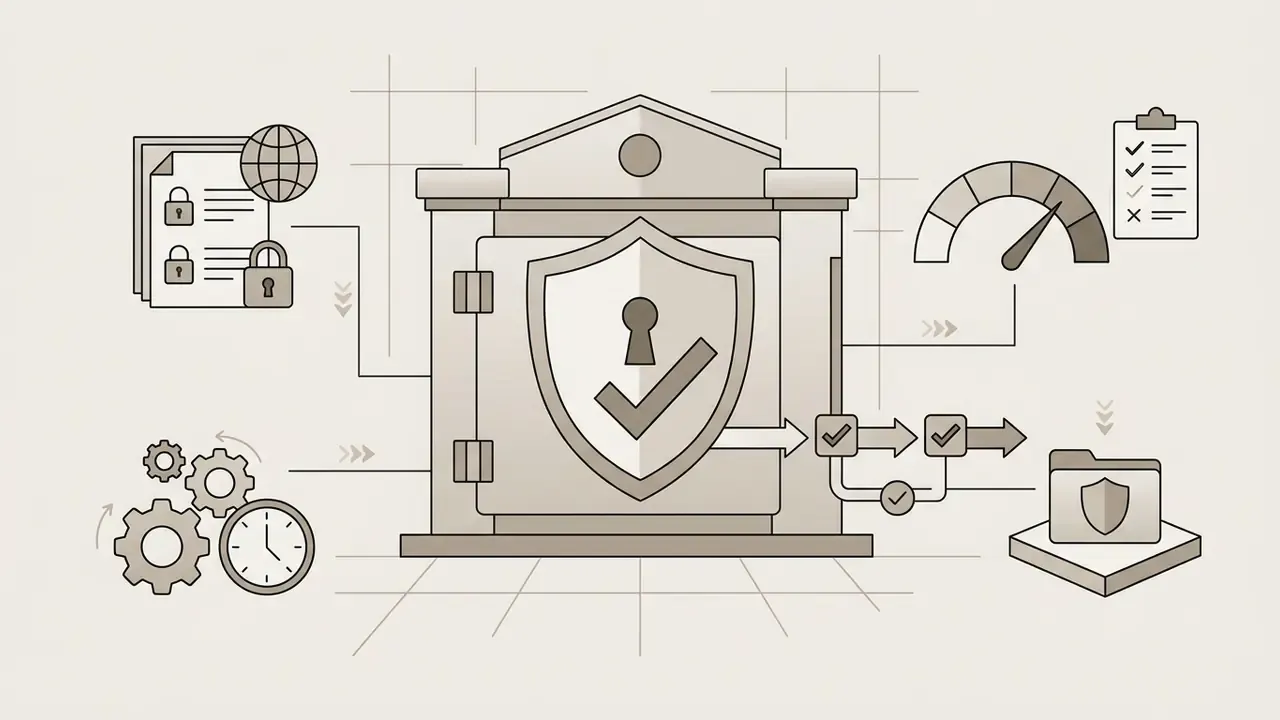Vault icon connected to compliance documents, gears, a speedometer, and a secure folder icon