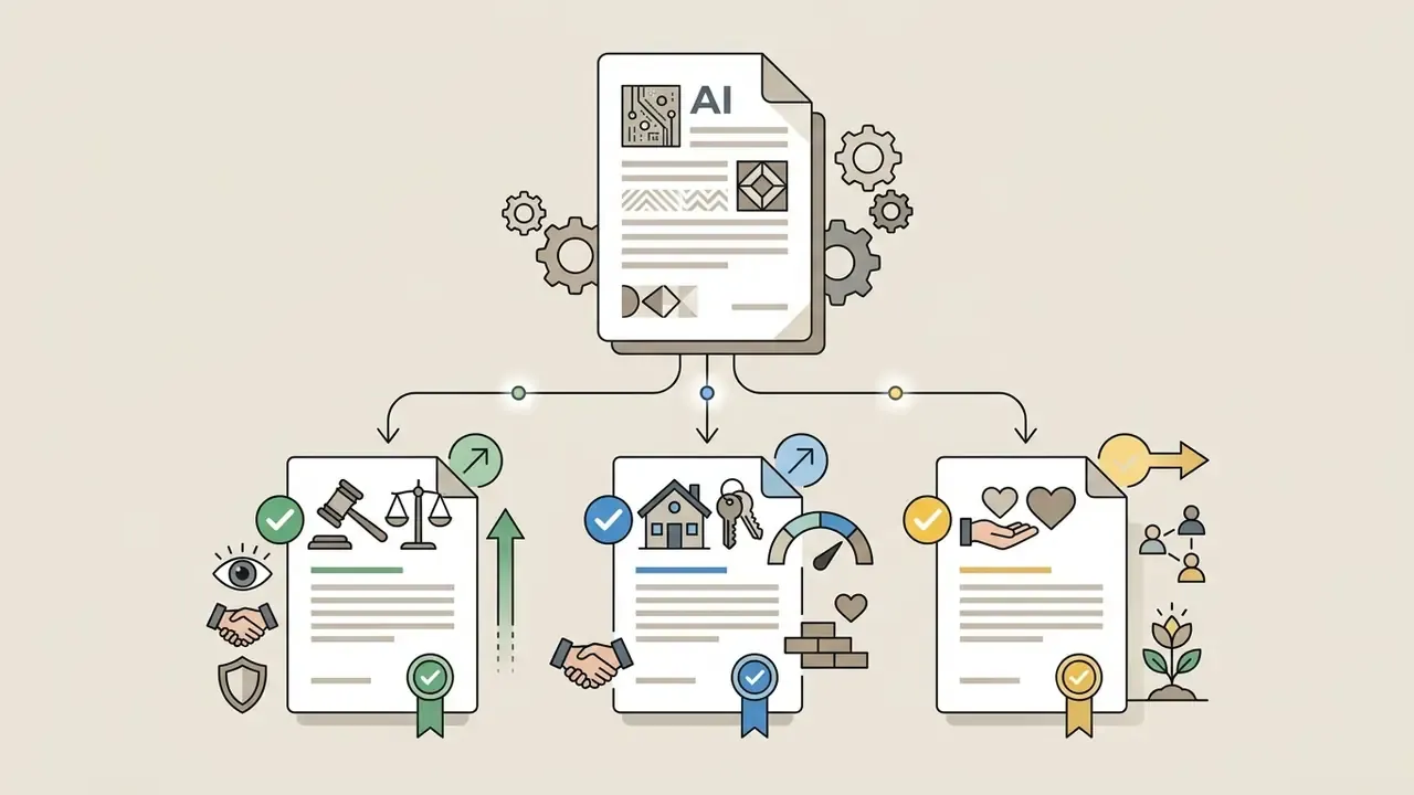 Central AI document branching into specialized legal, housing, and volunteer character reference letters