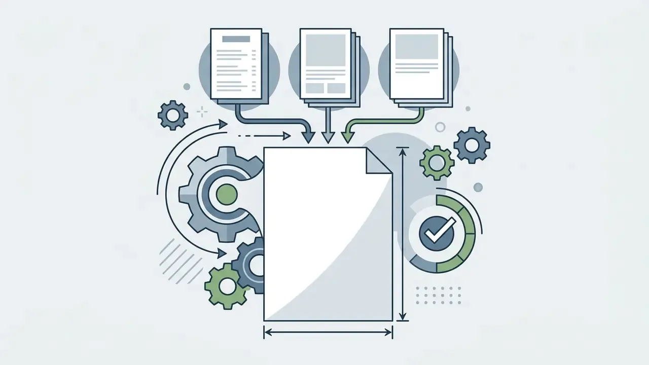Half Letter paper icon surrounded by gears, measurement arrows, and document templates for layout