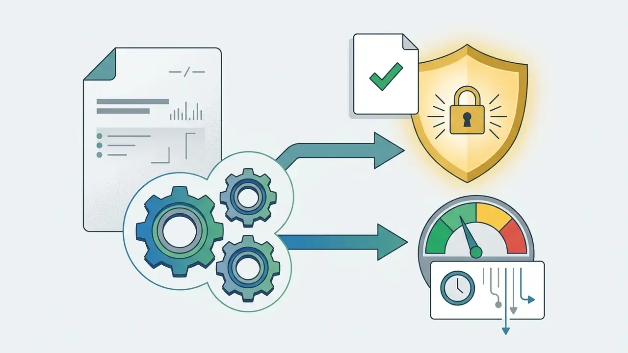 Document processing through gears leading to a shield with a padlock and a speed gauge icon