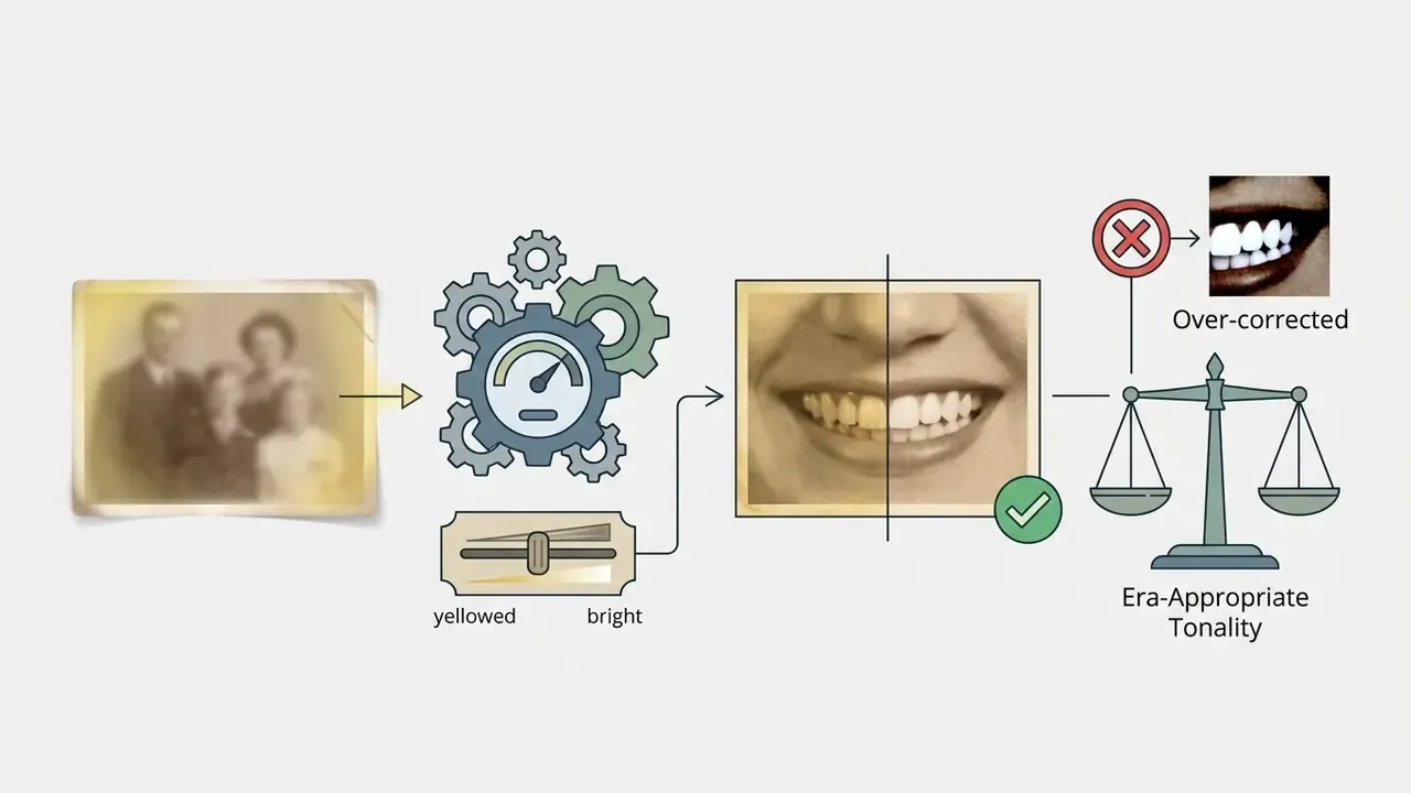 Process flow balancing vintage smile restoration against over-correction for era-appropriate tonality