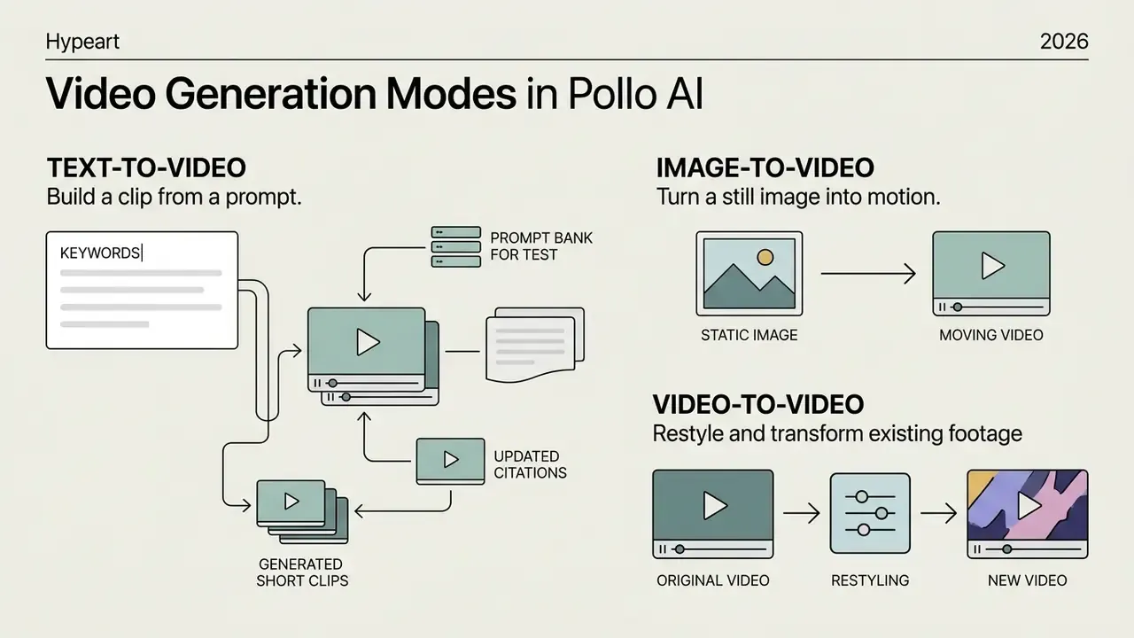 Infographic detailing text-to-video, image-to-video, and video-to-video workflows in Pollo AI