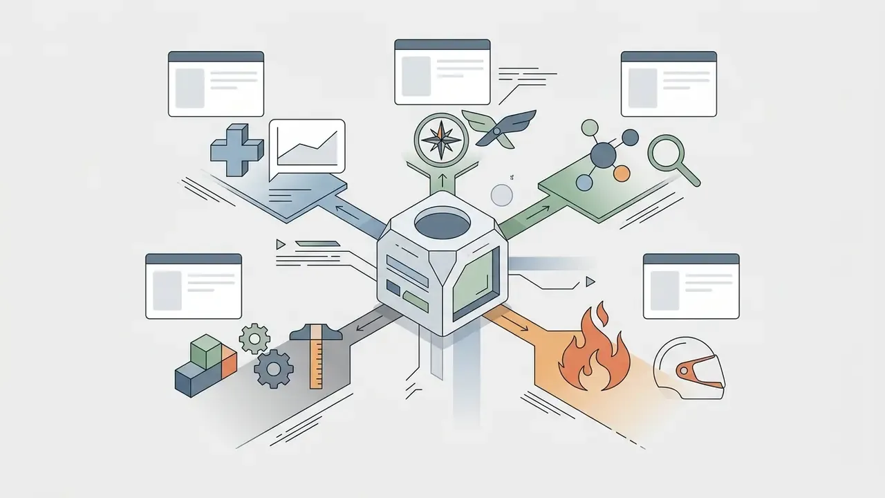 Cube processing data into icons representing medical, scientific, engineering, and emergency professions