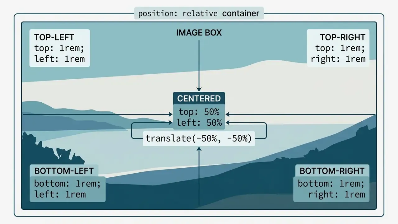 Diagram showing CSS properties to align text in the corners or center of an image container