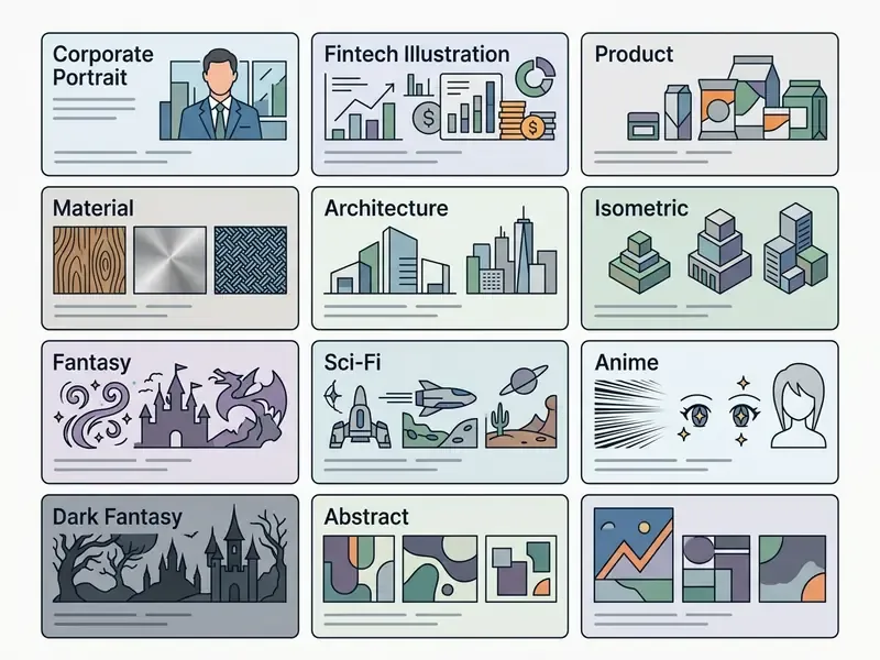Grid of cards displaying various artistic styles and subjects with descriptive labels and icons
