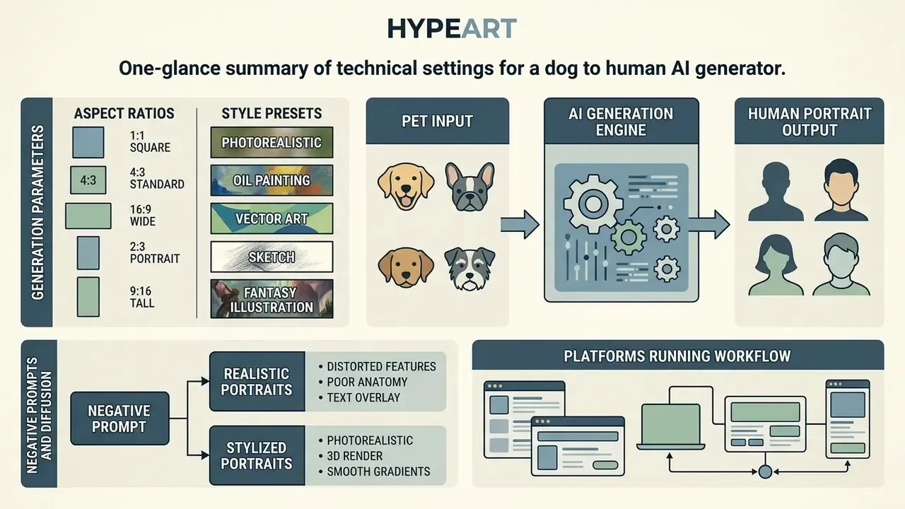 Diagram detailing technical settings for a dog to human AI generator including aspect ratios and prompts