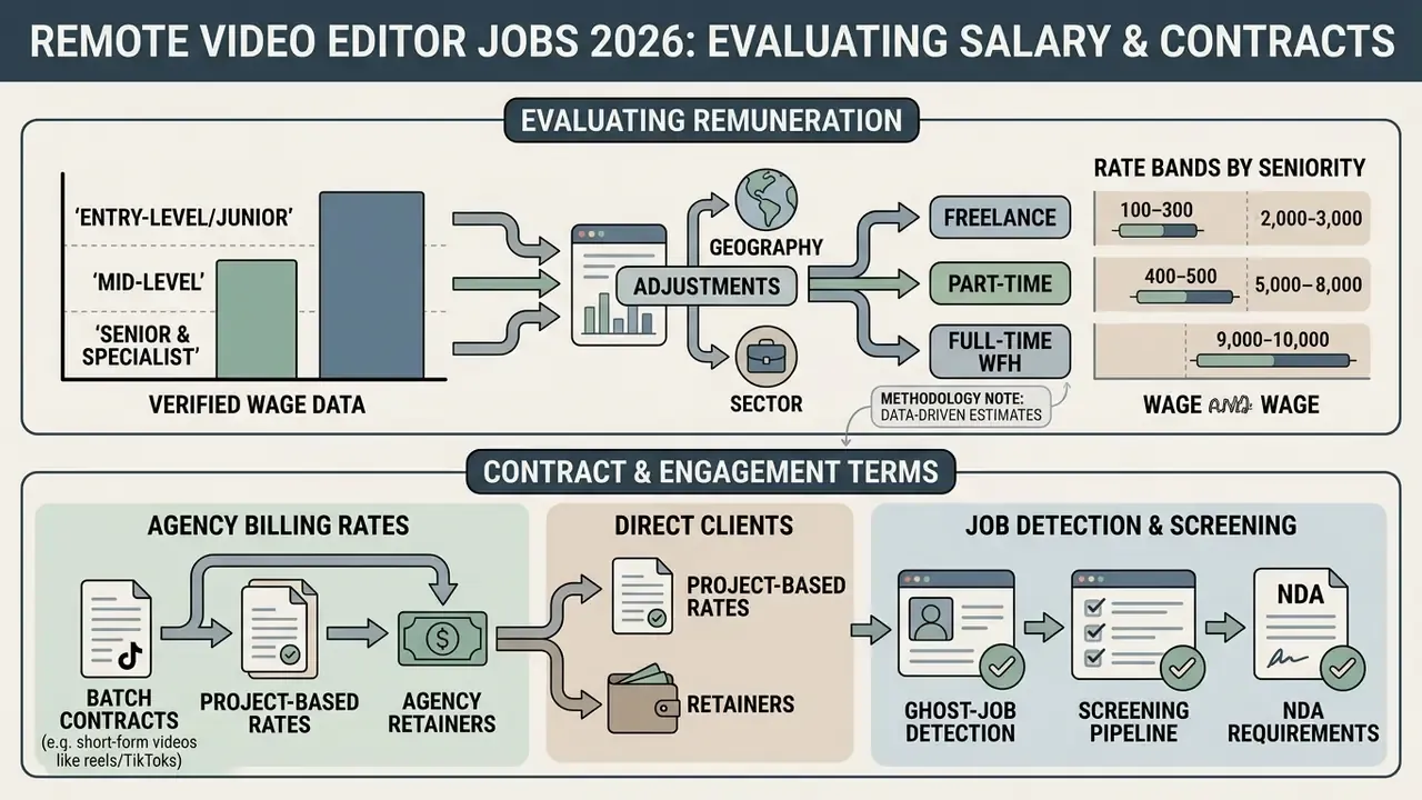 Infographic showing steps to evaluate salary and contract terms for remote video editor jobs