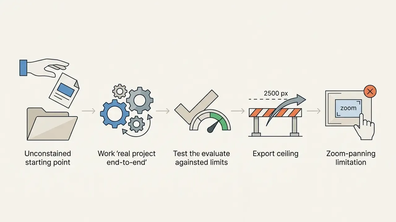 Sequence showing project workflow steps leading to export and zoom limitations in BeFunky photo editor