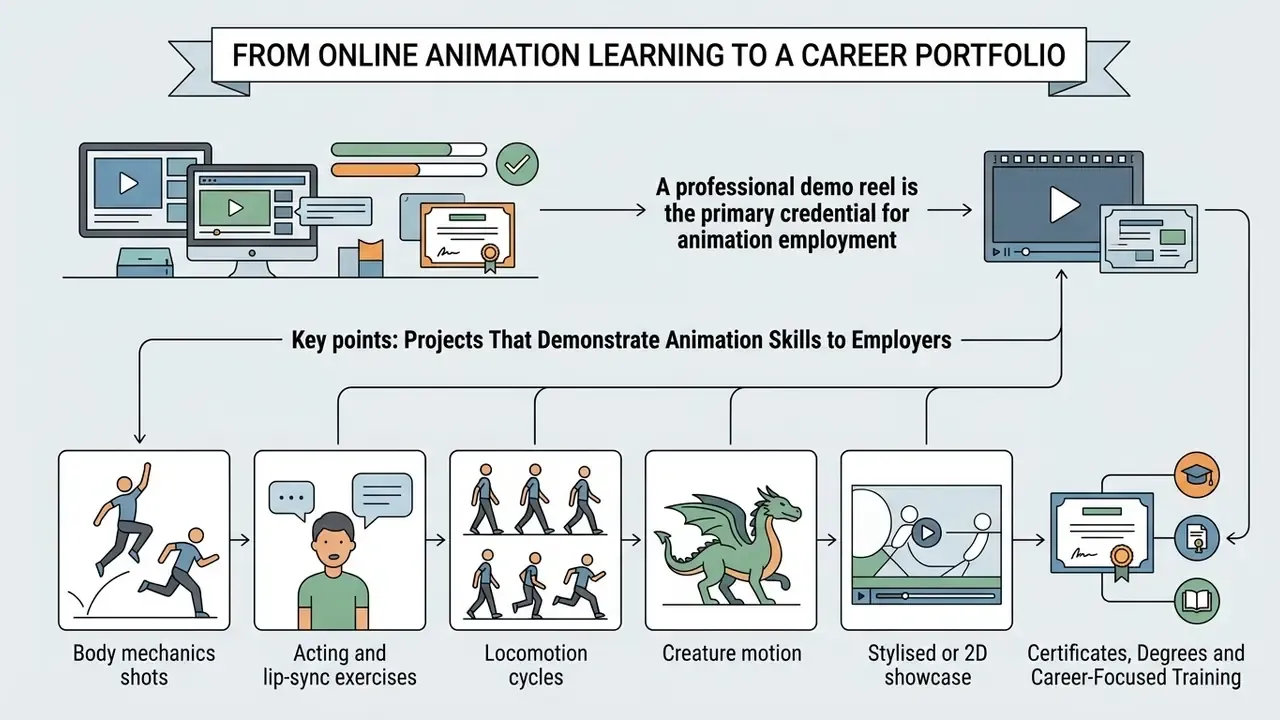 Flowchart showing how online animation courses build a professional demo reel for career employment