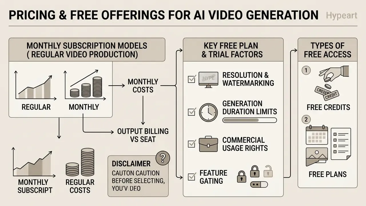 Summary diagram of factors to consider when choosing between AI video generator pricing models