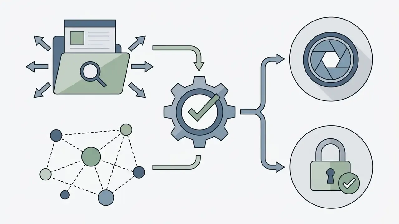 Folder and network icons feeding into a central gear to process image curation and rights management