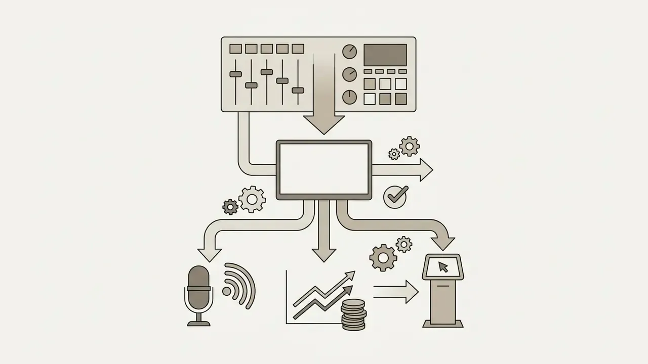 Audio mixer feeding a central screen that distributes content to broadcast, financial, and kiosk outputs
