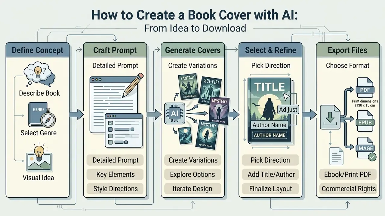 Five-stage sequence showing the workflow of defining concepts, writing prompts, and exporting design files