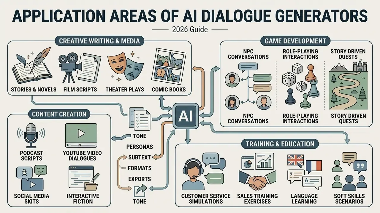 Infographic categorizing diverse industry applications for automated text systems into four main sectors