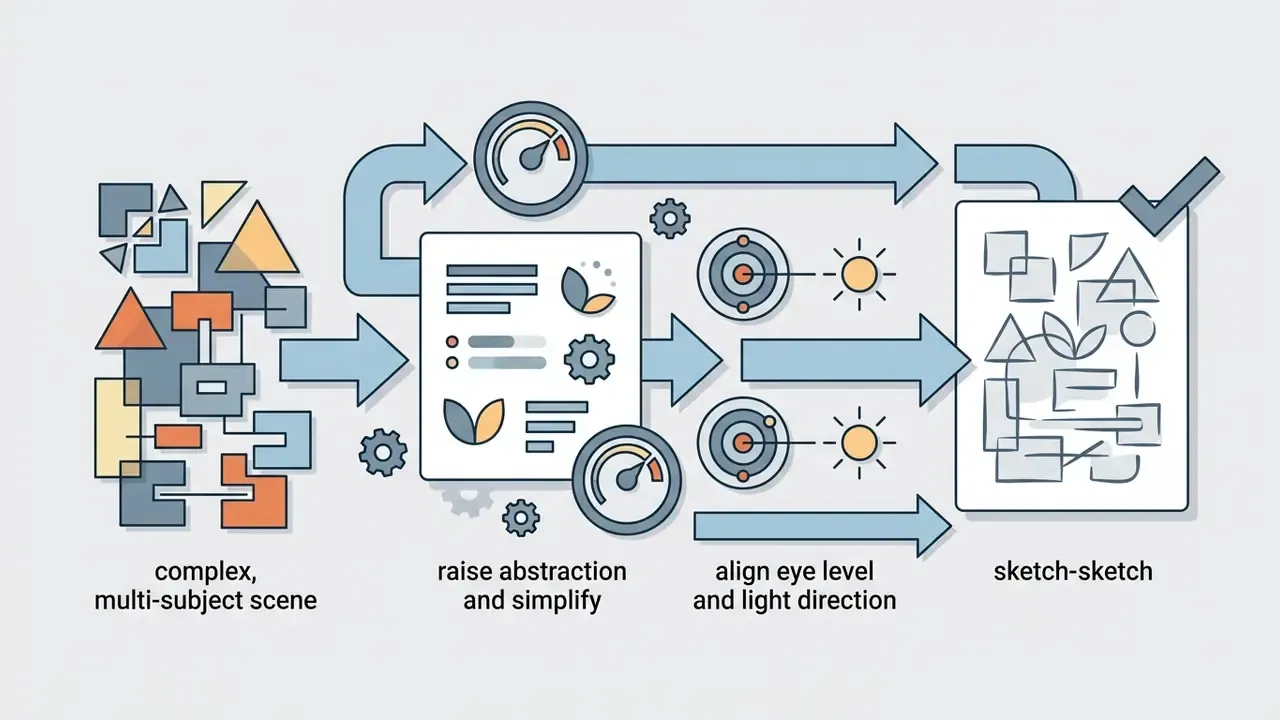 Complex scene processed through gears and gauges to create a simplified sketch output