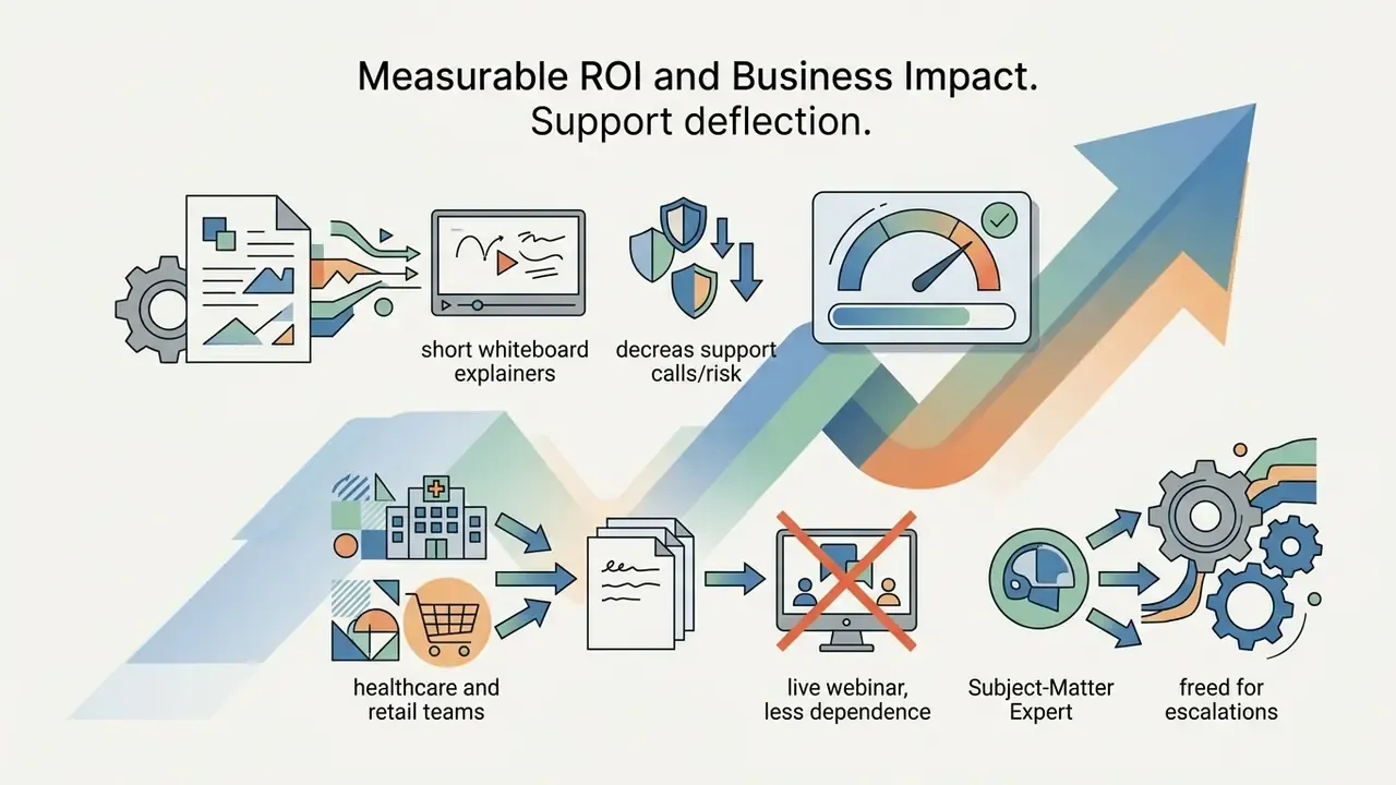 Icons showing how healthcare and retail teams reduce live webinars to free experts for escalations