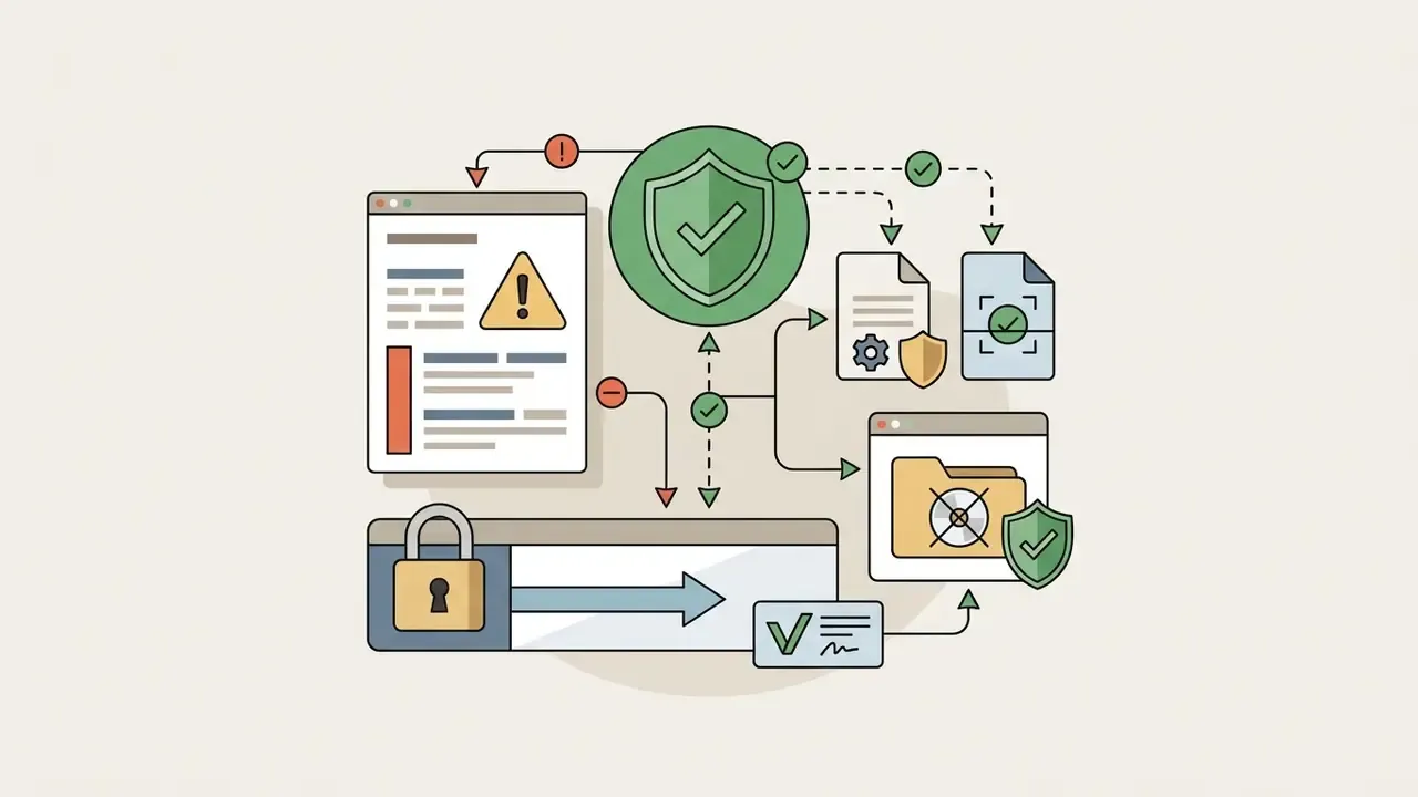 Icons showing security checks for files and web browsers to prevent malware during online file conversion