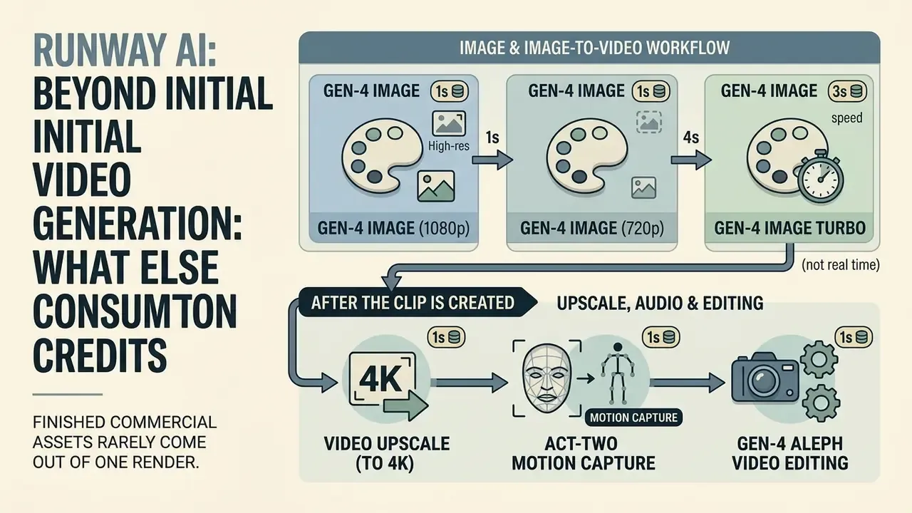 Process map showing credit usage for Runway AI image generation, video upscaling, and post-production