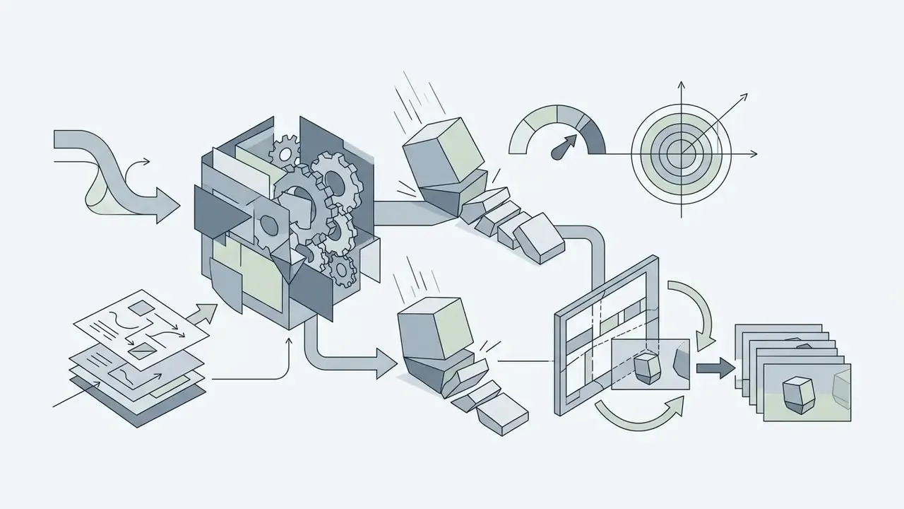 Mechanical cube processing physics data into falling blocks and rendered video frames with a gauge